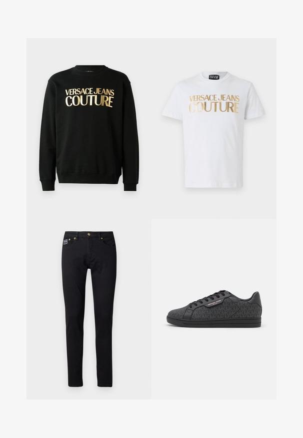 Zwarte sweatshirt van een katoen-polyestermix met gouden bedrukt tekst "VERSACE JEANS COUTURE" op de voorkant in een vetgedrukt lettertype.; Witte katoenen t-shirt met grote gouden "VERSACE JEANS COUTURE" letters op de voorkant. Ronde hals en korte mouwen.; Zwarte denim jeans met een slim fit, voorzien van goudkleurige hardware, vijf zakken en een klein merkembleem op de rechterzak.; Zwarte sneakers met een textuur bovenwerk van stof met een subtiel MK-patroon, zwarte leren accenten en een zwarte rubberen zool.