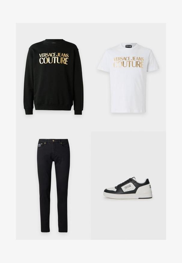 Sudadera negra hecha de una mezcla de algodón y poliéster, con texto impreso en dorado "VERSACE JEANS COUTURE" en el frontal en una fuente en negrita.; Camiseta de algodón blanca con llamativos letreros en dorado que dicen "VERSACE JEANS COUTURE" en la parte frontal. Cuello redondo y mangas cortas.; Jeans de mezclilla negra de corte slim, con herrajes en tono dorado, cinco bolsillos y una pequeña etiqueta de la marca en el bolsillo derecho.; Zapatilla en blanco y negro con parte superior de cuero liso, caja de dedos perforada, panel blanco en contraste y detalle del logotipo en el costado y el talón.
