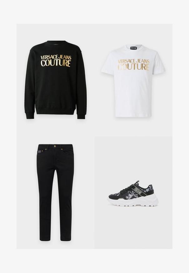 Čierna mikina vyrobená z bavlnenej a polyesterovej zmesi, s pozláteným potlačou textu "VERSACE JEANS COUTURE" na prednej strane v tučnom písme.; Biela bavlnená tričko s výrazným zlatým nápisom "VERSACE JEANS COUTURE" na prednej strane. Okruhly výstrih a krátke rukávy.; Čierne džínsy so slim fit strihom, ktoré majú gombíkový uzáver, päť vreciek a zlaté kovové doplnky. Materiál je hladký s jednofarebným dizajnom.; Čierne športové topánky s kvetinovým vzorom a bielou hrubou podrážkou. Obsahujú čierne šnúrky a logo popruh na boku. Vrchný materiál s textúrovanou štruktúrou.