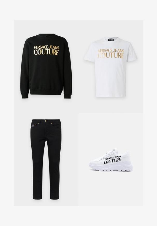 Musta puuvilla-polüesterist valmistatud dressipluus, mille esiküljel on julge fontiga kuldne trükk "VERSACE JEANS COUTURE".; Valge puuvillane T-särk, millel on esiküljel rasvased kuldsed "VERSACE JEANS COUTURE" tähtedega kiri. Ümmargune kaelus ja lühikesed varrukad.; Mustad teksapüksid slim fit lõikega, millel on nööbikinnitus, viis taskut ja kuldsetest detailidest aksessuaarid. Kangas on sile ja ühtlase disainiga.; Valged paksud tossud paksu tallaga, paela kinnitusega ja "Versace Jeans Couture" paksus mustas kirjas küljele trükitud.