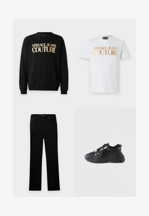 Sweatshirt noir en mélange de coton et de polyester, avec un texte imprimé en or "VERSACE JEANS COUTURE" sur le devant dans une police en gras.; T-shirt en coton blanc avec un lettrage doré en gras "VERSACE JEANS COUTURE" sur le devant. Col rond et manches courtes.; Jean noir droit avec cinq poches, fermeture par bouton et passants pour ceinture, présenté sur un fond blanc uni.; Baskets noires à semelle épaisse, avec des panneaux en mesh et des accents en cuir. Comprennent des lacets blancs et un logo sur le côté.