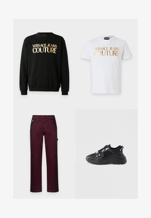 Schwarzer Kapuzenpullover aus einer Baumwoll-Polyester-Mischung, versehen mit dem goldenen Druck "VERSACE JEANS COUTURE" auf der Vorderseite in einer markanten Schriftart.; Weißes Baumwoll-T-Shirt mit fettem goldenen "VERSACE JEANS COUTURE" Schriftzug auf der Vorderseite. Rundhalsausschnitt und kurze Ärmel.; Burgunderfarbene Denim-Hosen mit geradem Schnitt, fünf Taschen, Metallknopfverschluss und Gürtelschlaufen für eine verstellbare Passform.; Schwarzer Sneaker mit klobiger Sohle, der Mesh-Einsätze und Lederakzente aufweist. Enthält weiße Schnürsenkel und Branding an der Seite.