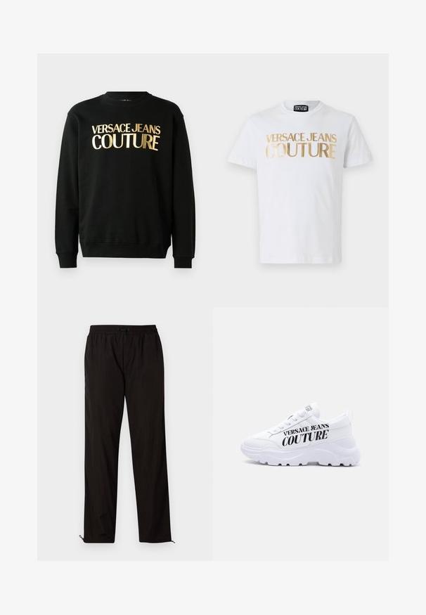 Musta puuvilla-polüesterist valmistatud dressipluus, mille esiküljel on julge fontiga kuldne trükk "VERSACE JEANS COUTURE".; Valge puuvillane T-särk, millel on esiküljel rasvased kuldsed "VERSACE JEANS COUTURE" tähtedega kiri. Ümmargune kaelus ja lühikesed varrukad.; Mustad mustriga püksid elastse vöökoha, nööridega sulgemise ja reguleeritavate sääreotstega, millel on lukud. Sile ja läikiv tekstuur.; Valged paksud tossud paksu tallaga, paela kinnitusega ja "Versace Jeans Couture" paksus mustas kirjas küljele trükitud.