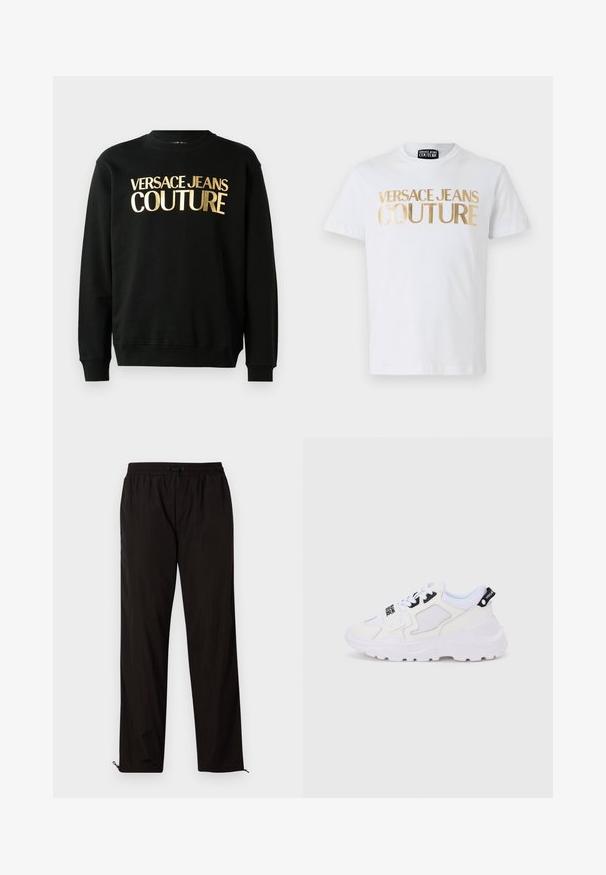 Schwarzer Kapuzenpullover aus einer Baumwoll-Polyester-Mischung, versehen mit dem goldenen Druck "VERSACE JEANS COUTURE" auf der Vorderseite in einer markanten Schriftart.; Weißes Baumwoll-T-Shirt mit fettem goldenen "VERSACE JEANS COUTURE" Schriftzug auf der Vorderseite. Rundhalsausschnitt und kurze Ärmel.; Schwarze leichte Hose mit elastischem Bund, Kordelzugverschluss und Reißverschluss am Saum für eine verstellbare Passform. Glatte, elegante Textur.; Weiße Sportsneaker mit klobiger Sohle, Obermaterial aus Mesh und Synthetik, schwarzen Akzentdetails und Schnürsenkeln. Strukturierte Gestaltung und Logo an der Ferse.