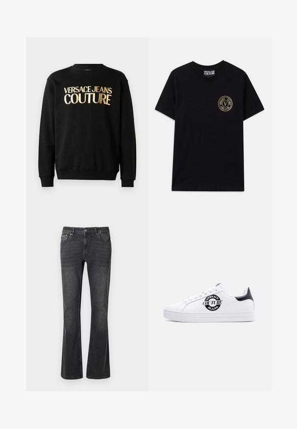 Čierna mikina vyrobená z bavlnenej a polyesterovej zmesi, s pozláteným potlačou textu "VERSACE JEANS COUTURE" na prednej strane v tučnom písme.; Čierne bavlnené tričko s okrúhlym výstrihom a krátkymi rukávmi. Na ľavej hrudi je zlaté kruhové logo. Jednoduchý, nezdobený dizajn.; Čierne denimové nohavice s rozšíreným strihom, piatimi vreckami a kovovým zapínaním. Tkanina má hladkú štruktúru s jemným vyblednutím.; Biela nízka teniska s čiernou pätovou záložkou, čiernym okrúhlym logom "Versace Jeans Couture" na boku, bielymi šnúrkami a vyrazeným textom na podrážke.