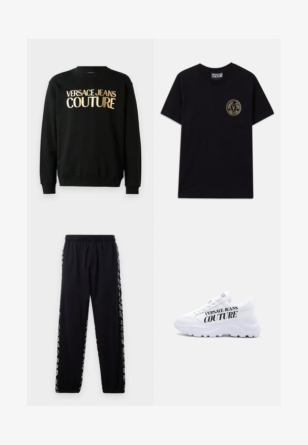 Musta puuvilla-polüesterist valmistatud dressipluus, mille esiküljel on julge fontiga kuldne trükk "VERSACE JEANS COUTURE".; Must must puurmust t-särk ümarate kaelustega ja lühikeste varrukatega. Vasakul rinnal on kullavärvi ümmargune logo. Lihtne, kaunistusteta disain.; Mustad mustad püksid elastse paisutusega vöökoha ja pahkluude ümber, mille külgpindadel on valgeid abstraktseid kirjutisi.; Valged paksud tossud paksu tallaga, paela kinnitusega ja "Versace Jeans Couture" paksus mustas kirjas küljele trükitud.
