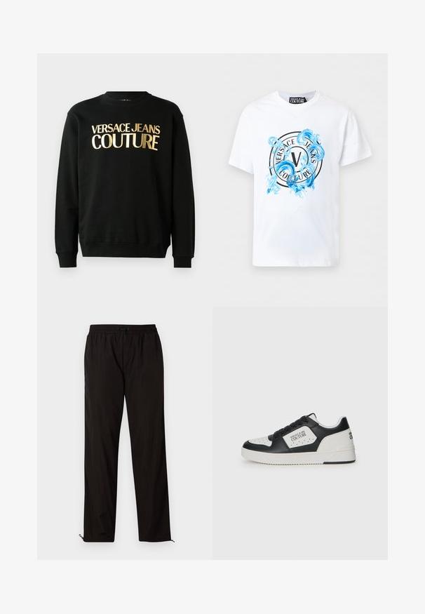 Schwarzer Kapuzenpullover aus einer Baumwoll-Polyester-Mischung, versehen mit dem goldenen Druck "VERSACE JEANS COUTURE" auf der Vorderseite in einer markanten Schriftart.; Weißes Versace Jeans Couture T-Shirt mit kurzen Ärmeln, einem kreisförmigen Logo und einem blauen dekorativen Wasserspritz-Design auf der Vorderseite.; Schwarze leichte Hose mit elastischem Bund, Kordelzugverschluss und Reißverschluss am Saum für eine verstellbare Passform. Glatte, elegante Textur.; Schwarzer und weißer Sneaker mit einem glatten Lederobermaterial, durchlöcherter Zehenbox, kontrastierendem weißen Element und Logodetails an der Seite und Ferse.