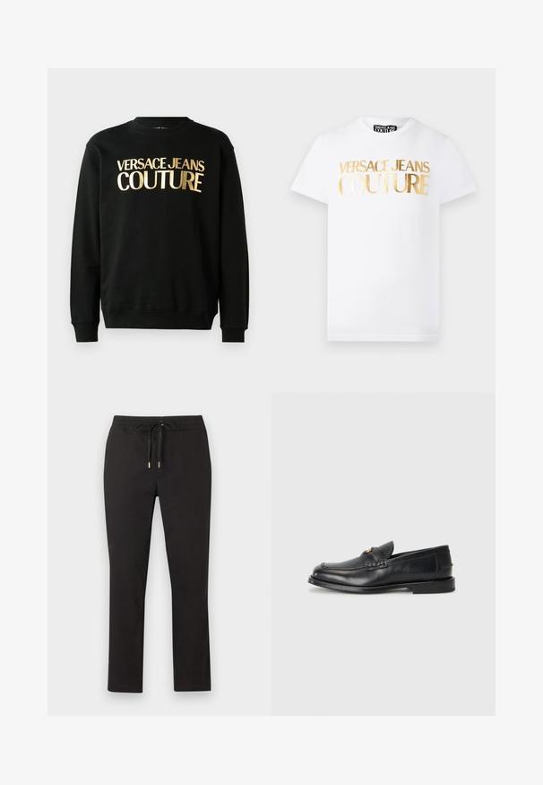 Sort sweatshirt lavet af en blanding af bomuld og polyester, med gyldent trykt tekst "VERSACE JEANS COUTURE" på forsiden i en fed skrifttype.; Hvid kortærmet T-shirt med gyldent metallisk "Versace Jeans Couture" tekst på fronten og rund halsudskæring.; Sorte bukser med lige ben, elastisk talje og snor med metalender, lagt fladt på en lys baggrund.; Sorte læder loafers har en afrundet tå, syede detaljer og en lille gylden accent foran. Sålen er flad og diskret.