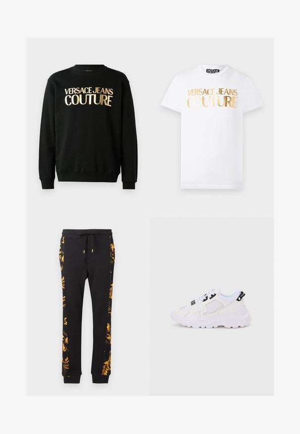 Schwarzer Kapuzenpullover aus einer Baumwoll-Polyester-Mischung, versehen mit dem goldenen Druck "VERSACE JEANS COUTURE" auf der Vorderseite in einer markanten Schriftart.; Weißes T-Shirt mit kurzen Ärmeln, vorne mit goldmetallischem Schriftzug "Versace Jeans Couture" und Rundhalsausschnitt.; Schwarze Jogginghose mit einem goldenen Blumenmuster an der Seite, in taillierter Form und mit elastischen Bündchen. Hergestellt aus weichem Baumwollmaterial.; Weiße Sportsneaker mit klobiger Sohle, Obermaterial aus Mesh und Synthetik, schwarzen Akzentdetails und Schnürsenkeln. Strukturierte Gestaltung und Logo an der Ferse.