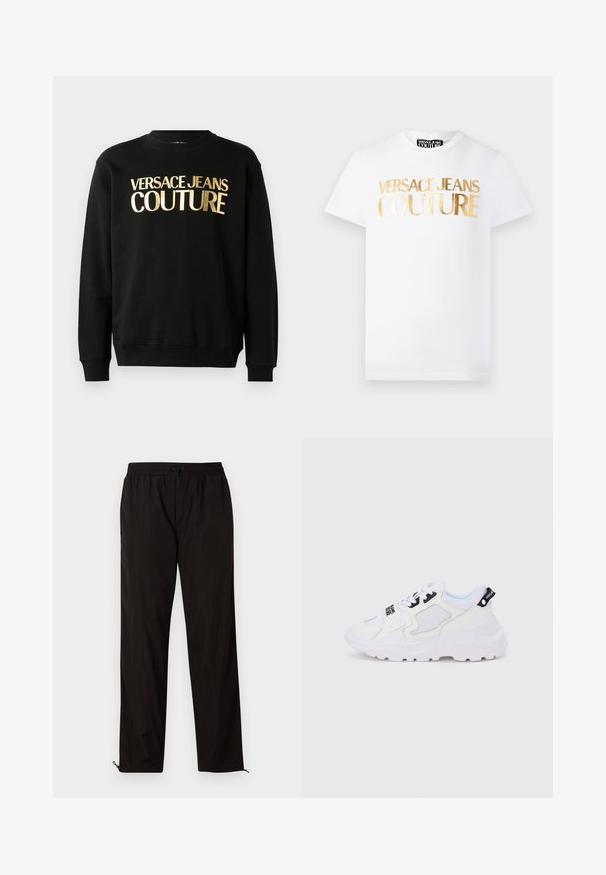 Musta puuvilla-polüesterist valmistatud dressipluus, mille esiküljel on julge fontiga kuldne trükk "VERSACE JEANS COUTURE".; Valge lühikeste varrukatega T-särk, mille esiküljel on kuldse metallikuga kiri "Versace Jeans Couture" ja ümara kaelusega.; Mustad mustriga püksid elastse vöökoha, nööridega sulgemise ja reguleeritavate sääreotstega, millel on lukud. Sile ja läikiv tekstuur.; Valged spordijalatsid paksu tallaga, võrgust ja sünteetilisest materjalist pealsed, mustad detailid ja paelad. Tekstureeritud disain ja logo kandadel.