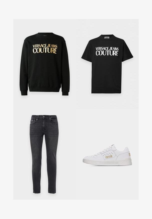 Zwarte sweatshirt van een katoen-polyestermix met gouden bedrukt tekst "VERSACE JEANS COUTURE" op de voorkant in een vetgedrukt lettertype.; Zwart T-shirt met korte mouwen en dikke witte tekst "VERSACE JEANS COUTURE" midden op de voorkant, met een bijpassend label aan de binnenkant van de kraag.; Slim-fit zwarte denim jeans met vijf zakken en een knoop- en ritssluiting, tentoongesteld tegen een effen witte achtergrond.; Witte lage sneaker met geperforeerde details, veters aan de voorkant en gouden "Versace Jeans Couture" logo's op de zijkant en hiel.