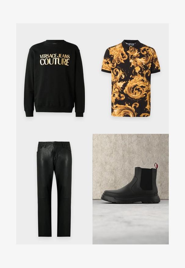 Sort sweatshirt lavet af en blanding af bomuld og polyester, med gyldent trykt tekst "VERSACE JEANS COUTURE" på forsiden i en fed skrifttype.; Sort polo-shirt med gyldne barokke swirlmønstre og "Versace Jeans Couture"-skrift, med en tre-knaps knaplukning og korte ærmer.; Sorte bukser i imiteret læder med lige ben, forlommer, bæltestropper og knaplukning.; Sort ankelstøvle med en glat overflade, elastiske sidepaneler og en kontrasterende rød træksløjfe, der har en tyk gummisål og rund tå.
