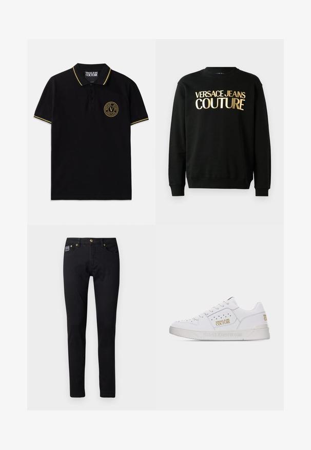 Musta college-paita, joka on valmistettu puuvilla-polyesteriseoksesta, ja jossa on näyttävä kultapainatus "VERSACE JEANS COUTURE" etuosassa paksulla fontilla.; Musta polo-paita, joka on valmistettu puuvillasta, sisältää kelta-raitaisen kauluksen, kaksinappisen avauksen ja brodeeratun pyöreän logon vasemmassa rinnassa.; Mustat farkut, joissa on slim fit -leikkaus, kultasävyiset yksityiskohdat, viisi taskua ja pieni brändilogo oikeassa taskussa.; Valkoinen matalakärkinen tennari, jossa on rei'itetyt yksityiskohdat, nauhallinen etuosa ja kultaiset "Versace Jeans Couture" -logot sivulla ja kantapäässä.