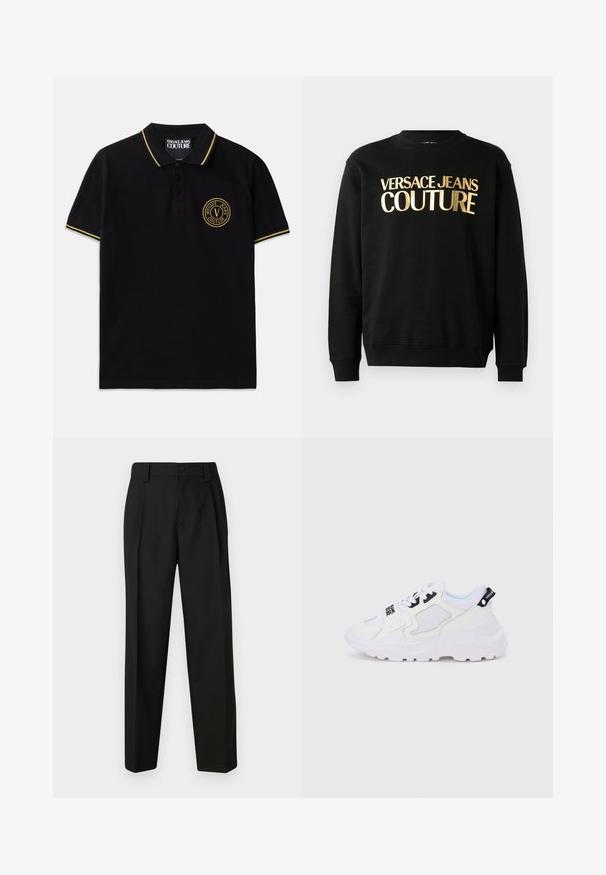 Musta puuvilla-polüesterist valmistatud dressipluus, mille esiküljel on julge fontiga kuldne trükk "VERSACE JEANS COUTURE".; Must mustaga on valmistatud puuvillast, millel on kollase triibuga krae, kahe nupuga värvel ja vasakul rinnal brodeeritud ümmargune logo.; Mustad püksid, mis on valmistatud siledast kangast. Omavad sirget sääreni, ühe nupuga sulgemist ja vöölooppe. Ei sisalda nähtavaid mustreid ega aksessuaare.; Valged spordijalatsid paksu tallaga, võrgust ja sünteetilisest materjalist pealsed, mustad detailid ja paelad. Tekstureeritud disain ja logo kandadel.