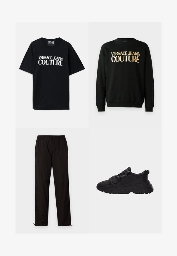 Sudadera negra hecha de una mezcla de algodón y poliéster, con texto impreso en dorado "VERSACE JEANS COUTURE" en el frontal en una fuente en negrita.; Camiseta de algodón negra con mangas cortas que presenta un gran texto blanco "VERSACE JEANS COUTURE" en la parte delantera. Diseño clásico de cuello redondo.; Pantalones ligeros negros con cintura elástica, cierre de cordón y bajos con cremallera para un ajuste ajustable. Textura suave y elegante.; Zapatilla deportiva negra de suela gruesa con paneles de malla y cuero, suela gruesa y texturizada, cierre de cordones y una correa con tachuelas metálicas sobre los cordones.