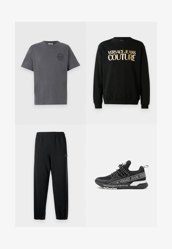 Sort sweatshirt lavet af en blanding af bomuld og polyester, med gyldent trykt tekst "VERSACE JEANS COUTURE" på forsiden i en fed skrifttype.; Mørkegrå kortærmet T-shirt med rund hals og lille cirkulært Versace Jeans Couture-logo på venstre bryst.; Sorte sweatpants med elastisk talje, skrå ben og et lille mærketegn. Fremstillet af glat, let stof.; Sort sneakers lavet af mesh og syntetiske materialer, med en kraftig sål, kontrasterende hvid branding og markante sort-hvide snørebånd.