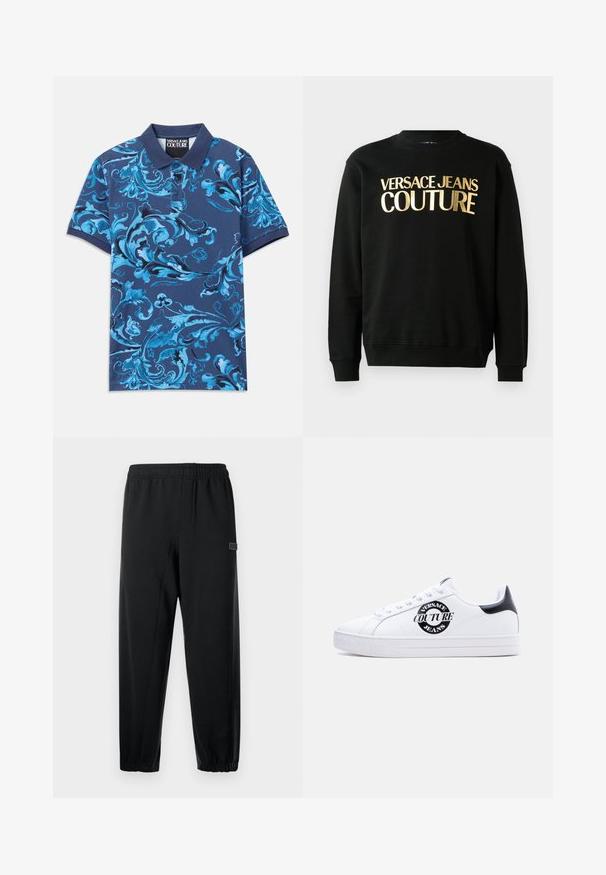 Schwarzer Kapuzenpullover aus einer Baumwoll-Polyester-Mischung, versehen mit dem goldenen Druck "VERSACE JEANS COUTURE" auf der Vorderseite in einer markanten Schriftart.; Marineblaues Poloshirt mit blauem floralen Wirbelmuster, kurzen Ärmeln und Knopfkragen. Hergestellt aus Baumwollstoff, mit glatter Textur.; Schwarze Jogginghose mit elastischem Bund, schmal zulaufenden Beinen und einem kleinen Markenpatch. Hergestellt aus glattem, leichtem Stoff.; Weißer Sneaker mit niedrigem Schaft, schwarzem Fersenriemen, schwarzem runden "Versace Jeans Couture"-Logo an der Seite, weißen Schnürsenkeln und erhabenem Text auf der Sohle.