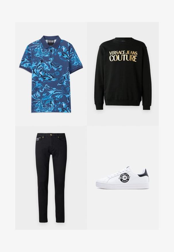 Musta puuvilla-polüesterist valmistatud dressipluus, mille esiküljel on julge fontiga kuldne trükk "VERSACE JEANS COUTURE".; Tumesinine polo särk siniste lillemotiividega, lühikeste varrukatega ja nööbitava kraega. Valmistatud puuvillast kangast, sujuva tekstuuriga.; Mustad denim teksad, mis on slim fit stiilis, kuldse viimistluse ja viie taskuga, ning paremas taskus on väike brändi silt.; Valge madala säärega toss musta kannatabiga, musta ümmarguse "Versace Jeans Couture" logoga külje peal, valged paelad ja põranda külge pressitud tekst.