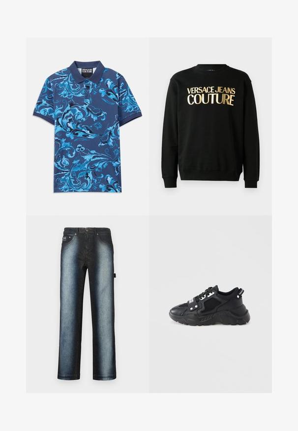 Čierna mikina vyrobená z bavlnenej a polyesterovej zmesi, s pozláteným potlačou textu "VERSACE JEANS COUTURE" na prednej strane v tučnom písme.; Námornícka polokošeľa s modrým kvetinovým vírením, krátkymi rukávmi a golierom na gombíky. Vyrobená z bavlnenej látky, hladká textúra.; Tmavomodré džínsy s ombré dizajnom, prechádzajúce z tmavej čiernej do svetlejšej modrej, so štandardným päťvreckovým strihom a svetlou umývanou textúrou.; Čierny teniska s masívnou podrážkou, obsahujúca sieťované panely a kožené doplnky. Obsahuje biele šnúrky a značku na boku.