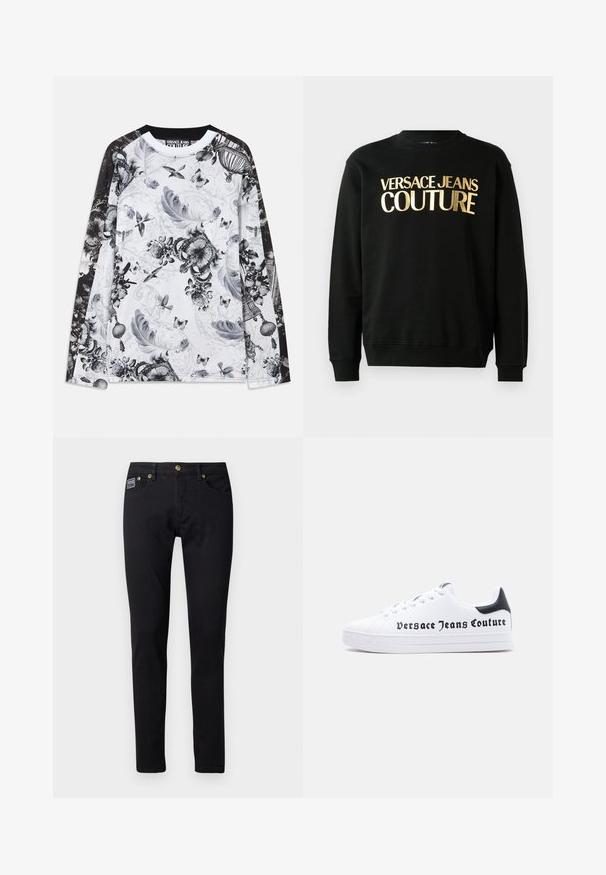 Sort sweatshirt lavet af en blanding af bomuld og polyester, med gyldent trykt tekst "VERSACE JEANS COUTURE" på forsiden i en fed skrifttype.; Langærmet hvid skjorte med sorte ærmer, dekoreret med gråskala mønstre af fjer, fugle, sommerfugle, kroner og blomsterelementer.; Sorte denim jeans med slim fit, udstyret med guldfarvet metalhardware, fem lommer og et lille brandlabel på højre lomme.; Hvid lav sko med sort hælkappe, snørelukning og "Versace Jeans Couture" logo trykt i sort på siden.