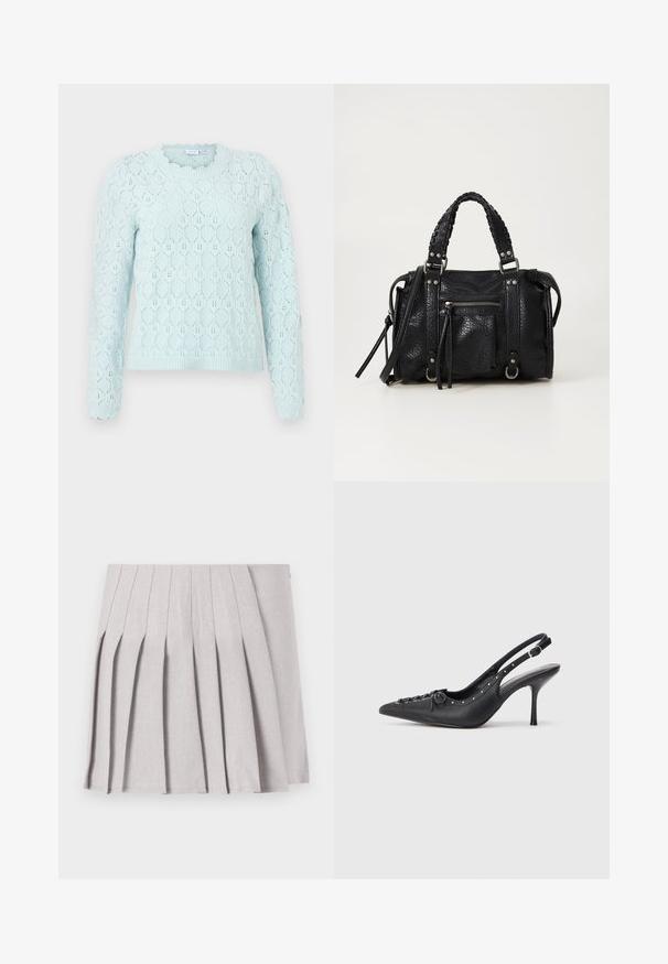 Suéter de manga larga azul claro con un patrón de panal de punto y bordes ondulados en los puños y el escote.; Falda gris con pliegues y una textura suave, que presenta múltiples pliegues verticales y una cintura ajustada. Fabricada con un tejido ligero.; Sandal de tacón stiletto negro de cuero con punta afilada, correa lateral con hebilla, tachuelas a lo largo del borde y cordones decorativos en la parte delantera.; Bolso de mano de imitación cuero negro texturizado con asas trenzadas, detalles en hardware plateado y un bolsillo con cremallera en la parte frontal. Diseño compacto con correa para el hombro desmontable.
