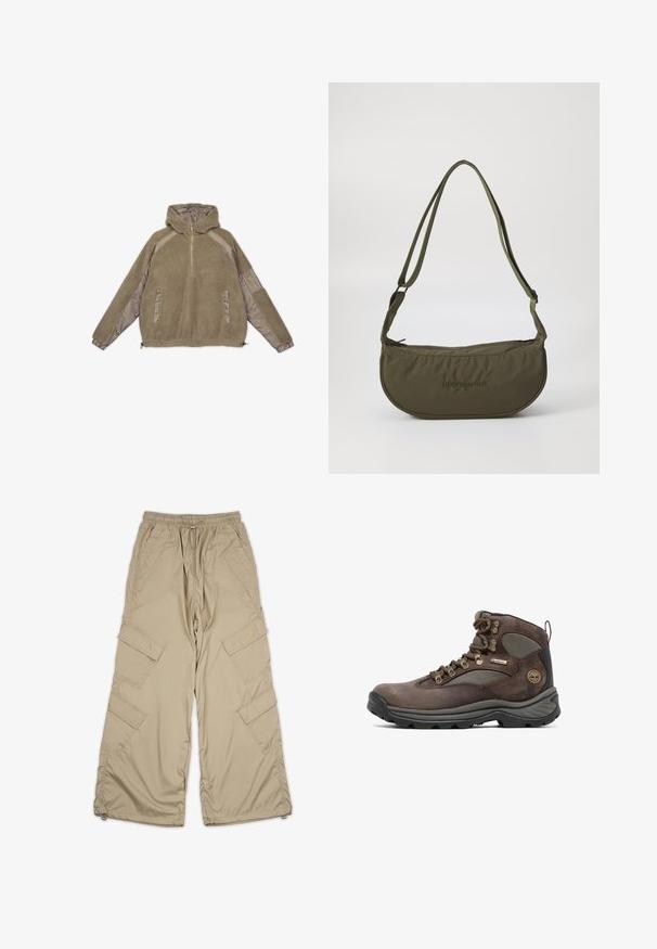 Fleece hættetrøje i lys brun med halv lynlås fortil, elastiske manchetter, sidelommer og kontrasterende glatte stofdetaljer.; Beige cargo bukser med snoretræk i taljen, flere sidelommer og en afslappet pasform. Lavet af letvægts, glat stof med syning detaljer.; Brun vandrestøvle med overdel i læder og mesh, gummisål, metaløjer og et mærket banner. Designet til holdbarhed og støtte.; Olivengrøn skuldertaske med en buet form, lavet af blødt stof, med en lynlås i toppen, justerbare stropper og præget logo-detalje.