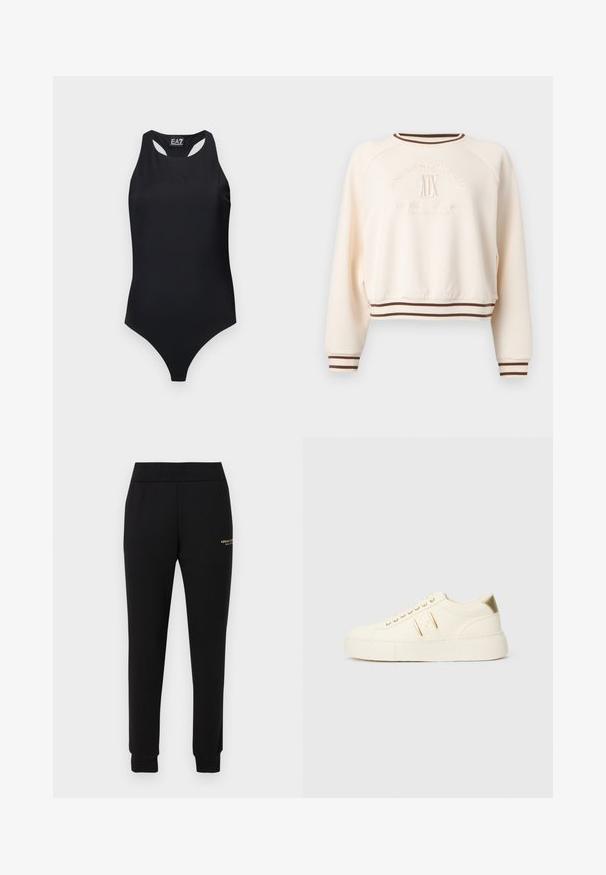 Sweat-shirt crème à manches longues avec poignets et ourlet rayés marron, embossé du logo "Giorgio Sports Club" et "A|X" sur le devant.; Body noir une pièce sans manches avec dos nageur et logo EA7 Emporio Armani subtilement embossé sur la poitrine.; Pantalon de survêtement noir fuselé avec taille et poignets élastiques, présentant un petit logo doré "Armani Exchange" sur la cuisse droite.; Baskets basses de couleur crème avec des accents dorés, des lacets et un marquage « Armani Exchange » en relief sur la semelle et le patch latéral.