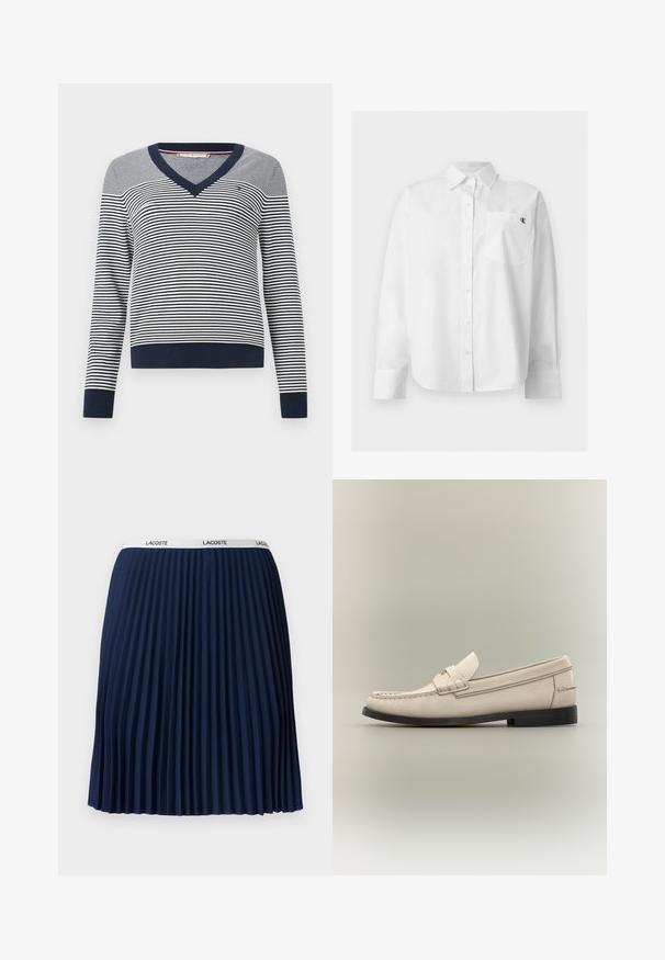 Suéter de rayas con cuello en V. Rayas horizontales en azul marino y blanco, puños y dobladillo de canalé, tejido suave y cuello de contraste.; Camisa blanca de manga larga con botones, cuello puntiagudo y bolsillo delantero con pequeño logo negro "CK" en el pecho izquierdo.; Falda plisada de color marino con un diseño texturizado, cintura elástica con la marca "LACOSTE" y tela suave.; Mocasín de cuero beige para hombre con suela negra y detalle decorativo de correa sobre fondo gris claro.