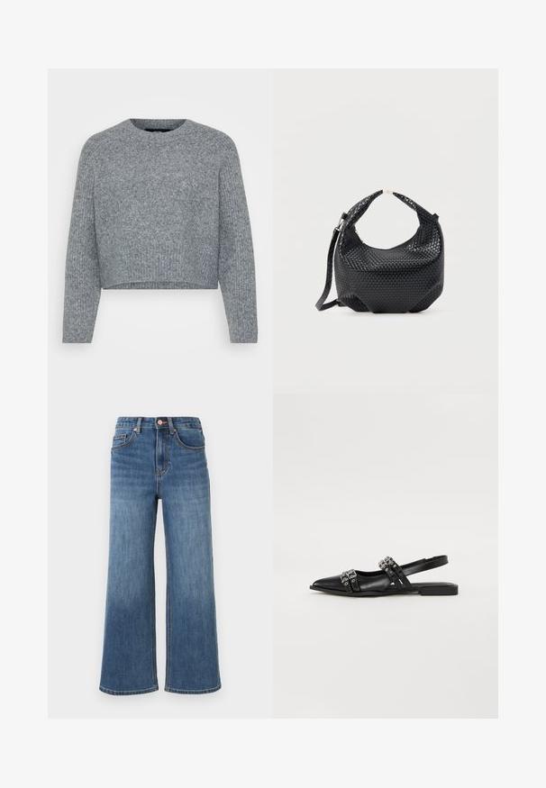 Grijze, korte trui in een gestructureerde brei, met een ronde halslijn en lange mouwen. Het materiaal lijkt zacht en warm te zijn.; Blauwe denim wide-leg jeans met vijf zakken, knoopsluiting en riemlussen, getoond tegen een effen lichte achtergrond.; Even&Odd by Zalando Slingback ballerina´s - black; Zwart gevlochten lederen handtas met korte handgreep en afneembare schouderriem, getoond tegen een effen lichte achtergrond.