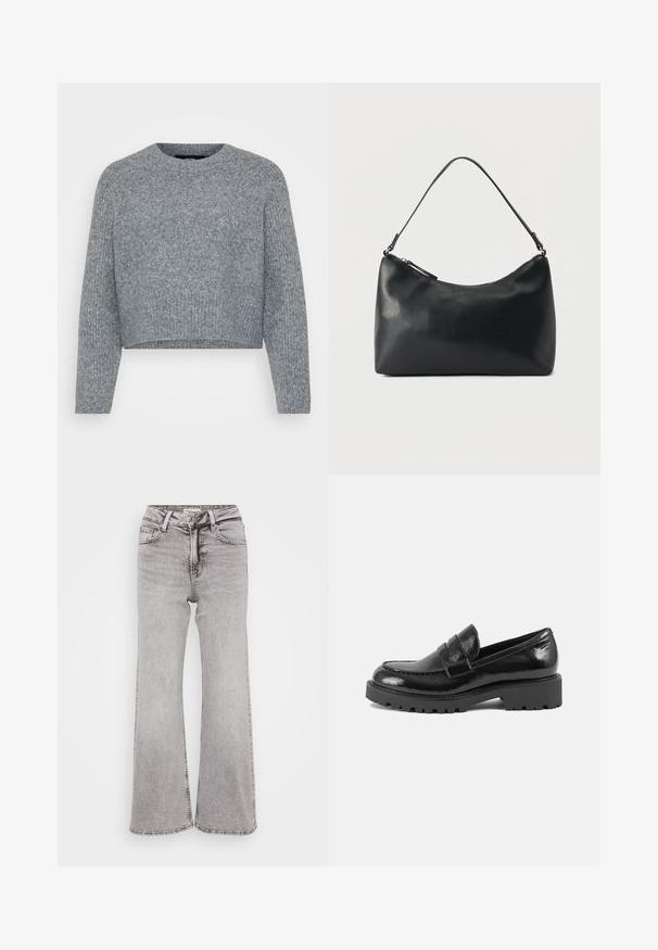 Suéter gris, corto, de punto texturizado, con un cuello redondo y mangas largas. El material parece suave y cálido.; Jeans de pierna ancha grises hechos de mezclilla, con un diseño clásico de cinco bolsillos, cierre de botón y un desvanecimiento sutil para añadir textura.; Mocasin de charol negro con punta estructurada, tira decorativa en el empeine y suela gruesa y robusta. Acabado suave y brillante.; Bolso de hombro de cuero negro texturizado con cremallera curva en la parte superior y una sola correa ajustable sobre un fondo liso.