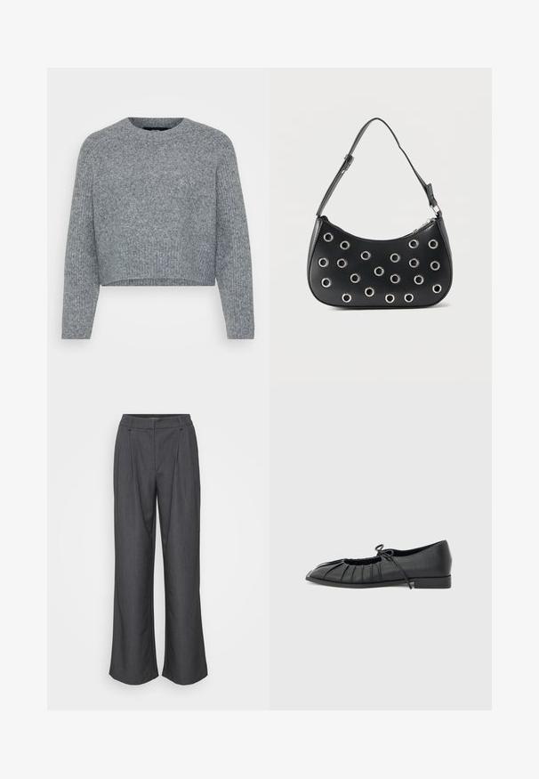 Grå, cropped sweater i et struktureret strik, med en rund halsudskæring og lange ærmer. Materialet ser blødt og varmt ud.; Bredde bukser i mørkegrå stof med en struktureret overflade, frontfolder og sidelommer med en skræddersyet talje.; Sort flad sko med plisseret forstykke og bundet sløjfe på toppen, lav hæl og glat tekstur på en lysegrå baggrund.; Sort læder skuldertaske med justerbar rem, dekoreret med sølvfarvede metalnitter og lukning med øverste lynlås.