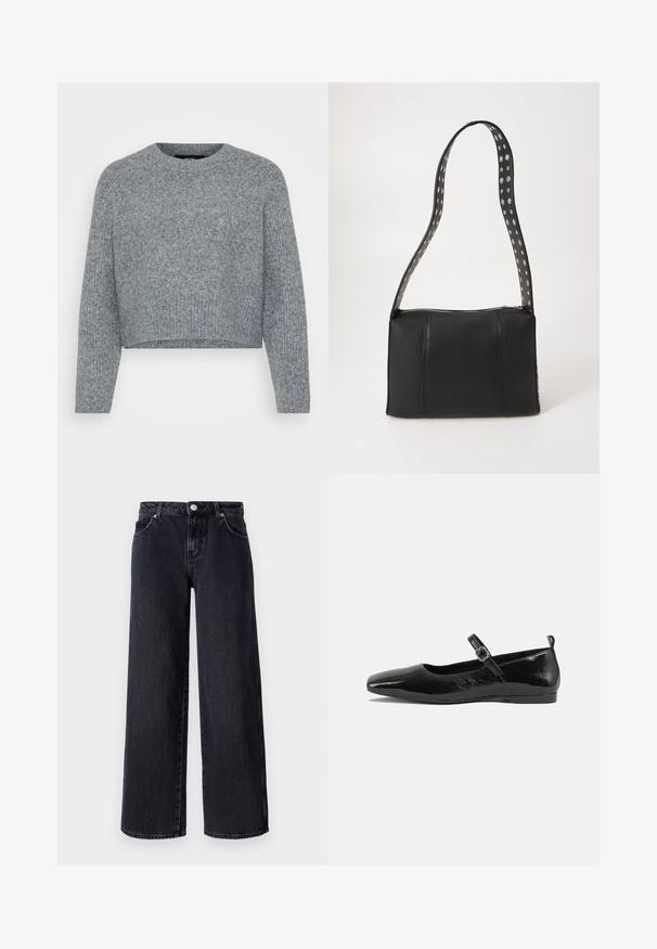 Grå, cropped sweater i et struktureret strik, med en rund halsudskæring og lange ærmer. Materialet ser blødt og varmt ud.; Vero Moda Petite VMREMY MR WIDE - Wide leg - black denim; Sorte patentlæder flade sko med spidse tæer, en ankelrem med spænde og en glat, blank tekstur. Lav hæl for komfort.; Sort læderhåndtaske med rektangulær form, udstyret med lynlås lukning og en polkaprikket rem. Glat tekstur, minimalt syning.