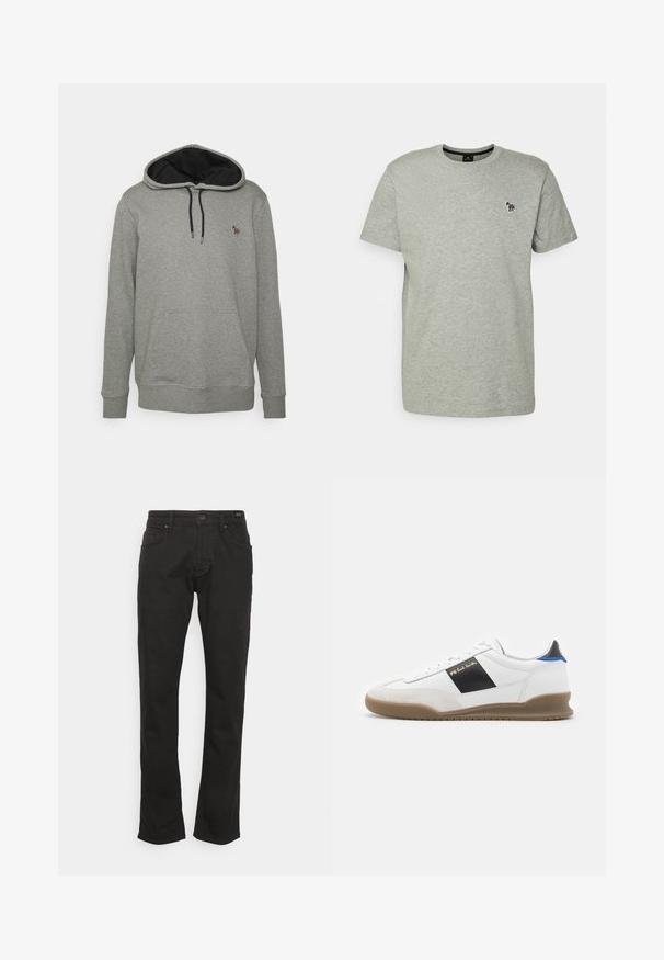 Grijze hoodie met een zwarte binnenkant, trekkoorden en een voorzak. Heeft een klein, kleurrijk logo op de borst. Zachte stof structuur.; PS Paul Smith MENS SLIM FIT ZEBRA - T-shirt basic - grey; JOOP! Jeans MITCH - Straight leg jeans - black; Witte sneaker met zwarte en blauwe accenten, bovenwerk van suède en leer, ronde neus, platte rubberen zool en gouden merkteken aan de zijkant.