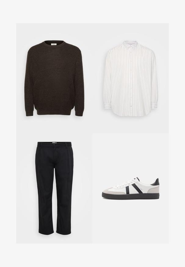 Pull en maille marron foncé avec un col rond, des manches longues et un tissu texturé. Design simple sans motifs ni accents visibles.; Chemise boutonnée à rayures blanches et beiges claires, manches longues, poche sur la poitrine gauche, col classique, tissu léger.; Jack & Jones Wide-leg Plus Size Wide Leg Fit - Pantalon classique - black; Baskets blanches avec des accents noirs et gris, présentant un embout texturé gris, une semelle en caoutchouc noir et des lacets plats blancs. Design épuré, style minimaliste.