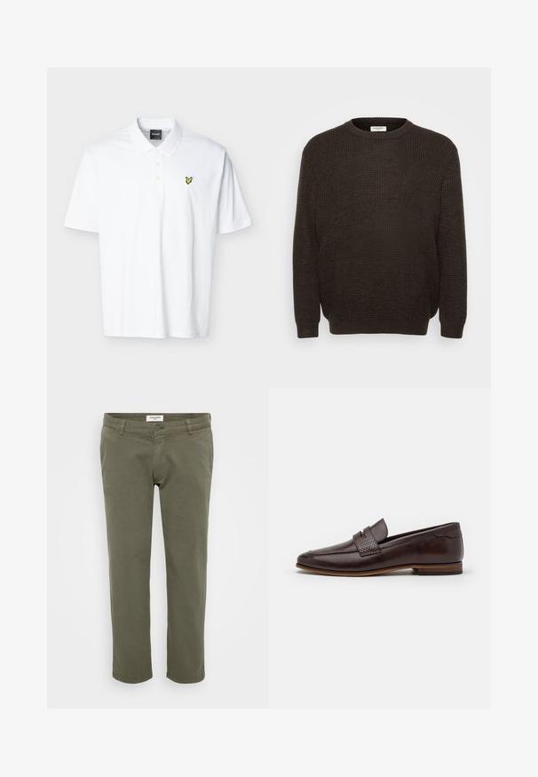 Pull en maille marron foncé avec un col rond, des manches longues et un tissu texturé. Design simple sans motifs ni accents visibles.; Polo blanc à manches courtes avec col, trois boutons, et petit logo d'oiseau jaune sur la poitrine gauche.; Chinos vert olive avec une coupe droite, fabriqués en coton avec une légère texture, dotés d'une fermeture à bouton et de passants de ceinture.; Mocassin en cuir brun avec un accent tressé sur le dessus, finition lisse, bout légèrement pointu et un talon bas empilé.