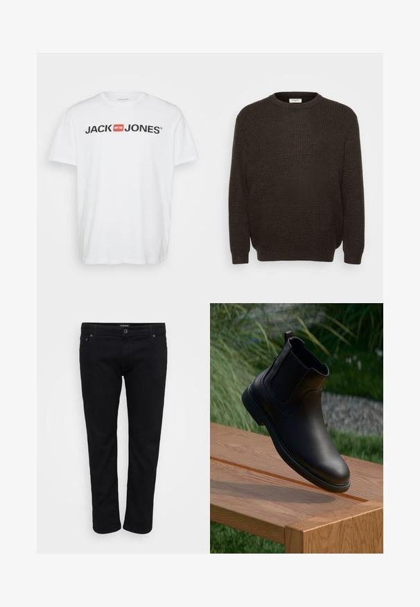 Dunkelbrauner Strickpullover mit rundem Halsausschnitt, langen Ärmeln und einer strukturierten Stoffoberfläche. Einfaches Design ohne sichtbare Muster oder Akzente.; Weißes Baumwoll-T-Shirt mit dem schwarzen "JACK & JONES" Logo und einem roten rechteckigen Akzent. Kurze Ärmel und Rundhalsausschnitt. Glatte Textur.; Schwarze Denim-Jeans mit geradem Schnitt, klassischem Fünf-Taschen-Design, stabiler Naht und Knopfverschluss.; Schwarzer Leder-Stiefelette mit elastischen Seitenteilen, rundem Zehenbereich und einer strukturierten Gummisohle, schwebt über einem Holztisch.