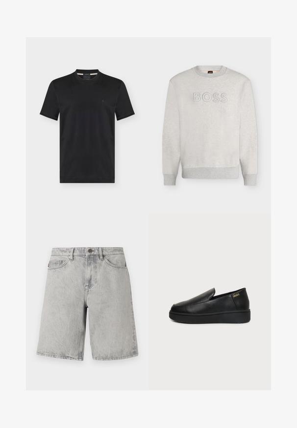 Sweat-shirt gris clair à col rond avec poignets et ourlet côtelés, comportant un texte "BOSS" embossé sur la poitrine.; T-shirt noir à manches courtes et col rond avec petit logo brodé sur la poitrine gauche, présenté sur fond uni.; Shorts en jean gris clair avec fermeture par bouton et fermeture éclair, passants pour ceinture et poches avant, présentés sur un fond blanc.; Chaussure noire en cuir à enfiler avec semelle épaisse et petits trous de ventilation latéraux, avec un logo doré "HUGO" près du talon.