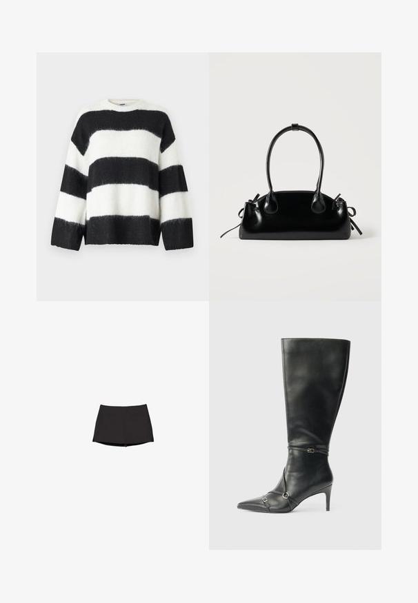 Pull à rayures noires et blanches avec une coupe ample, encolure ronde et manches longues ; fabriqué à partir d'un matériau doux et pelucheux.; Skort athlétique noir avec une taille ajustée et un ourlet court, conçu pour une tenue active avec un tissu lisse et extensible.; Bottes noires en cuir montant jusqu'au genou, avec un talon fin, un bout pointu et des détails de lanière à la cheville. Texture lisse et design ajusté.; Petit sac à main noir brillant avec deux longues anses et des détails à cordon sur les côtés sur un fond clair uni.