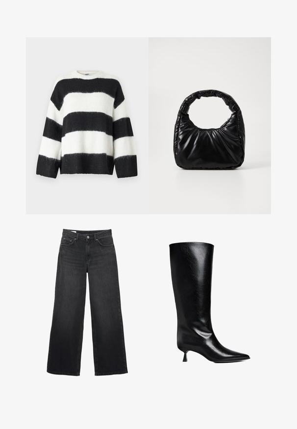 Sort og hvids stribet sweater med løs pasform, rund udskæring og lange ærmer; lavet af blødt, fuzzy materiale.; Sorte viddebukser i jeans med høj talje, lukning med forreste knap og lynlås, bæltestropper og femlommesdesign.; Sort læderknæhøje støvler med spidse tæer, slank silhuet og en lav blokhæl med en blank finish.; Sort polstret håndtaske med et rundt håndtag, der har en glat, skinnende overflade og en blød, kviltet tekstur. Ingen synlige hardware eller accenter.