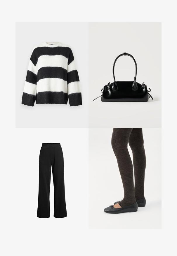 Suéter a rayas blanco y negro con un corte holgado, cuello redondo y mangas largas; hecho de un material suave y peludo.; Pantalones deportivos negros de pierna ancha, fabricados con un tejido suave. Cuentan con una cinturilla elástica y costuras mínimas para mayor comodidad.; Piernas con leggings oscuros acanalados combinados con bailarinas negras que presentan pequeños detalles de lazo sobre un fondo blanco.; Pequeño bolso negro brillante con dos asas largas y detalles de cordón lateral sobre un fondo claro liso.