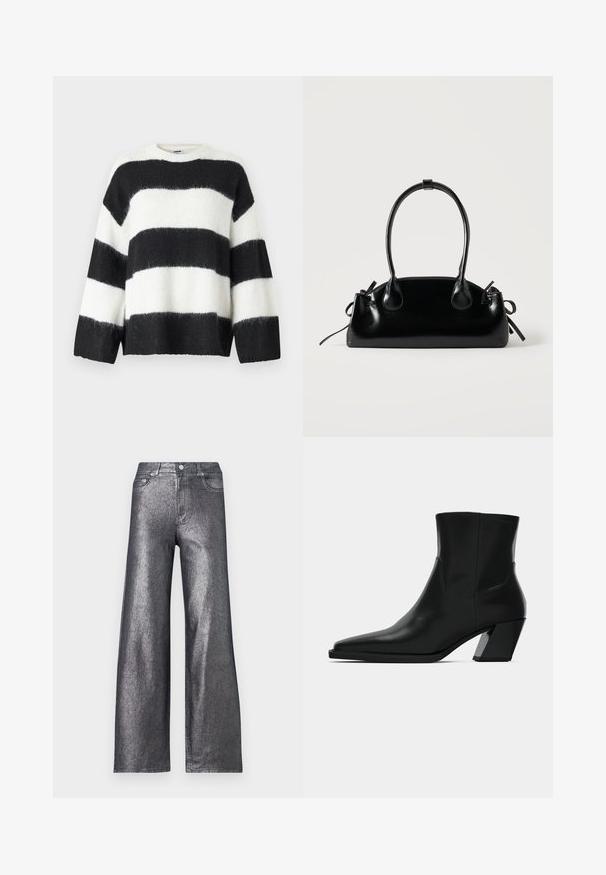 Gestreifter Pullover in Schwarz und Weiß mit lockerem Schnitt, rundem Halsausschnitt und langen Ärmeln; aus weichem, flauschigem Material gefertigt.; Silberne, metallic glänzende Jeans im weit geschnittenen Stil mit hoher Taille, ausgestattet mit fünf Taschen und einem Knopfverschluss. Der Stoff hat eine glatte, glänzende Textur.; Schwarze Leder-Stiefelette mit spitzem Zeh, schlanker Silhouette und klobigem quadratischem Absatz. Glatte Textur mit minimalen Nähdetails.; Kleine schwarze glänzende Handtasche mit zwei langen Griffen und seitlichen Kordelzug-Details vor einfachem hellem Hintergrund.