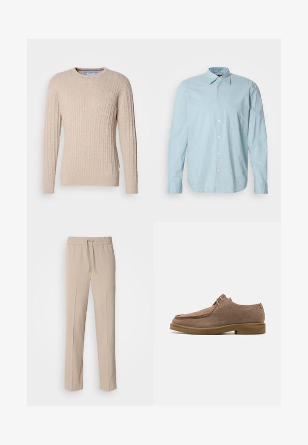 Beige kabelstrik sweater med lange ærmer, rund hals og ribbede manchetter og kant, præsenteret på en hvid baggrund.; Lyseblå ternet skjorte med lange ærmer, knap-ned krave, brystlomme og hvide knapper. Fremstillet af et glat stof.; Beige, afslappede bukser lavet af blødt materiale, med elastisk talje og snøre samt lige ben med minimale detaljer.; Zign LEATHER - Sporty snøresko - taupe