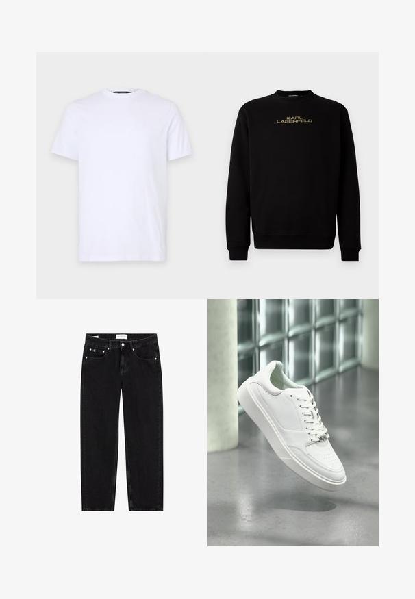 Schwarzer Hoodie mit langen Ärmeln und Rundhalsausschnitt. Enthält das Logo "KARL LAGERFELD" in goldener Stickerei auf der Vorderseite. Glatte Textur.; Weißes Baumwoll-T-Shirt mit kurzen Ärmeln, rundem Halsausschnitt, mit einem dezenten eingeprägten Logo auf der linken Brust, glatte Textur.; Schwarze Denim-Jeans mit geradem Bein, leicht distressed Textur, fünf Taschen und silbernen Hardware-Details. Etikett am Bund.; Weißer Ledersneaker mit abgerundeter Spitze, Schnürverschluss und flacher Gummisohle. Verfügt über perforierte Details und dezentes Logo-Akzent.