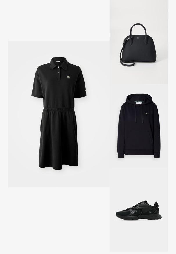 Zwarte hoodie van zacht materiaal, met een kangoeroezak, een capuchon met trekkoord, ribgebreide manchetten en een klein groen krokodillogo op de borst.; Zwart polo jurk met korte mouwen, kraag, twee knopen, elastische tailleband en klein groen krokodillenlogo op de borst.; Zwarte sportieve sneaker van mesh en synthetische materialen, met textuuraccenten, vetersluiting en een opvallend logo op de zijkant.; Zwarte handtas van textuur materiaal, voorzien van twee bovenhandvatten en een afneembare schouderriem, met een zilveren logo-accent.