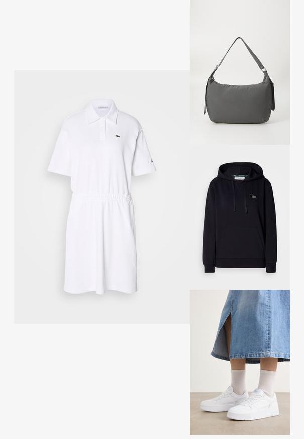 Hoodie noir en tissu doux, avec une poche kangourou, capuche à cordon, poignets côtelés et un petit logo de crocodile vert sur la poitrine.; Robe polo blanche en tissu doux, avec un col, des manches courtes, une taille élastique et un petit logo vert sur la poitrine.; Baskets blanches en cuir texturé, avec une semelle épaisse, un bout rond et un système de laçage ; associées à des chaussettes unisexe gris clair et à une jupe en denim.; Sac à épaule en tissu gris rembourré avec une forme incurvée, une texture lisse, une bandoulière ajustable et un logo subtil en relief à l'avant.