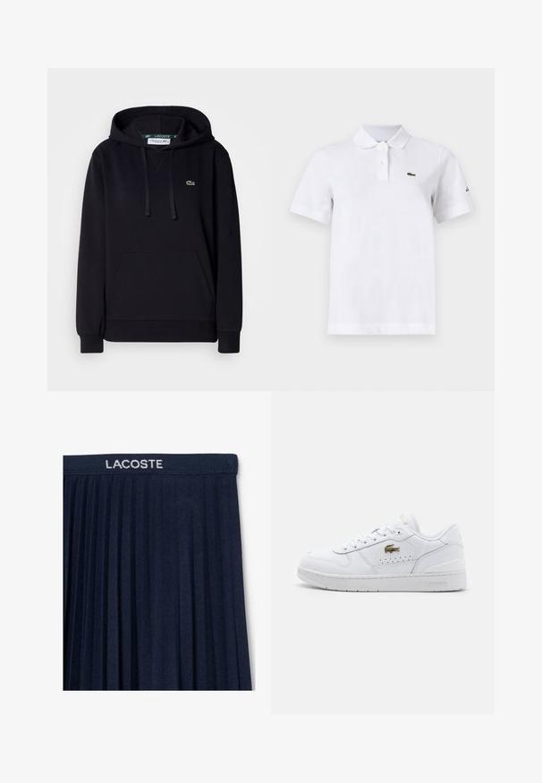 Sort hættetrøje lavet af blødt stof, med en kængurulomme, snor i hætten, ribbede manchetter og et lille grønt krokodillelogo på brystet.; Hvid polo-shirt med korte ærmer med to knapper, en lille grøn krokodille-logo på venstre bryst og et diskret sort logo på venstre ærme.; Marinblå plisseret nederdel med elastisk talje og hvid "LACOSTE" logo. Blød stofstruktur med lodrette plisseringer for bevægelse.; Hvide lædersneakers med en glat overflade, rund tå, perforeret side for åndbarhed, og et guld Lacoste-logo på ydersiden.