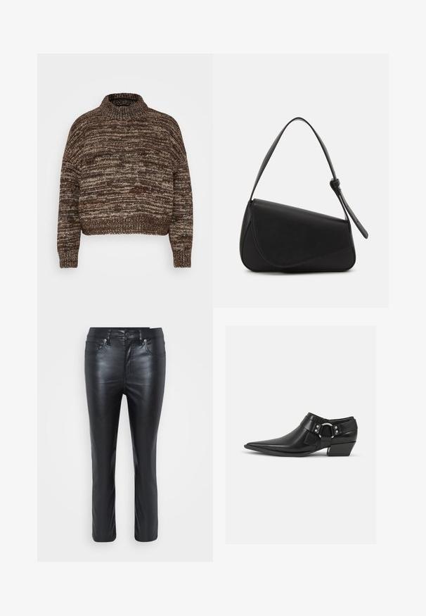 Vero Moda Petite VMDAIMA - Svetrík - chocolate torte/silver mink/gold; Čierne kožené nohavice s úzkym strihom, obsahujúce predné vrecká, zapínanie na gombík a jemný lesk. Nohavice sú rovného strihu s prešitými detailmi.; Čierne kožené členkové topánky s špicatou špičkou, s predným koženým remienkom a detailom so striebornou sponou, a s nízkym, blokovým podpätkom.; Čierna kožená kabelka s trojuholníkovým tvarom, šikmým klopou a zaoblenou rukoväťou. Má hladkú textúru a minimalistické dizajnové detaily.