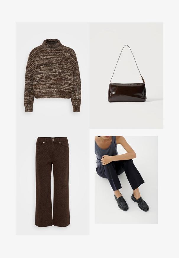 Vero Moda Petite VMDAIMA - Trui - chocolate torte/silver mink/gold; Bruine wijde jeans met een subtiele luipaardprint. Gemaakt van denim, met een vijf-pocket ontwerp en metalen knoopsluiting.; Zwarte leren loafers met textuurelementen, lage hak, ronde neus en zichtbare stiksels. Model draagt donkere broek en een grijze top.; Donkerbruine rechthoekige leren schoudertas met een enkele dunne band en goudkleurige gesp op een effen achtergrond.