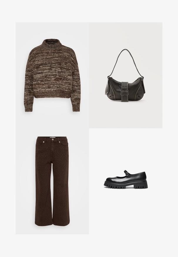 Vero Moda Petite VMDAIMA - Svetrík - chocolate torte/silver mink/gold; Hnedé nohavice s širokými nohavicami s jemným vzorom leopardu. Vyrobené z denimu, s piatimi vreckami a kovovou gombíkovou sponou.; Čierne kožené topánky typu Mary Jane s okrúhlou špičkou, remienkom okolo členka a hrubou gumovou podrážkou so zúbkovanými detailmi.; Čierna kožená kabelka cez rameno s detailom prackového popruhu, zaoblenými okrajmi a kontrastným bielym prešívaním na jednoduchom pozadí.