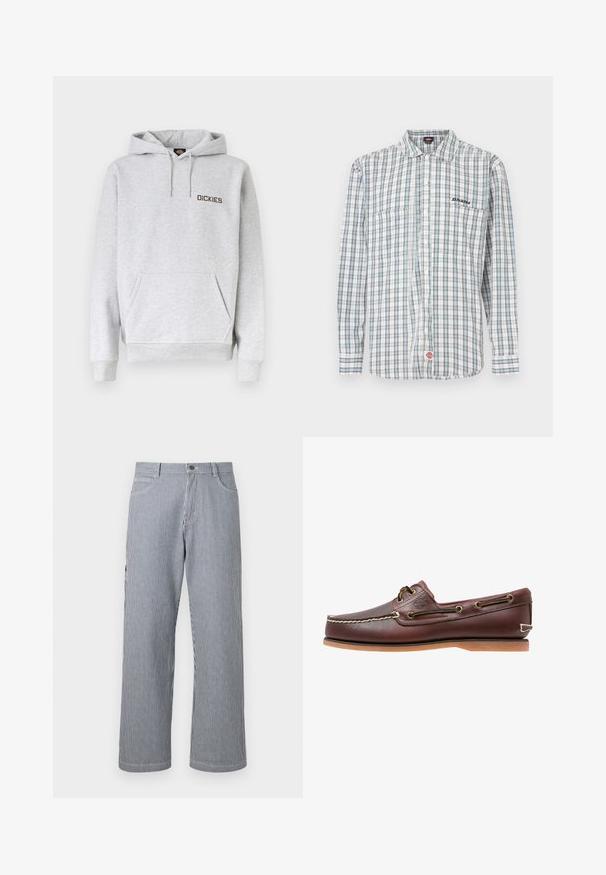 Sweat à capuche gris clair avec poche ventrale, capuche à cordon, poignets côtelés et logo "DICKIES" sur la poitrine gauche.; Chemise à carreaux boutonnée en blanc, vert et bleu. Elle comporte des manches longues, un col, deux poches avant et une broderie de logo sur la poitrine.; Pantalon à jambe droite à rayures verticales grises et blanches, avec poches avant et taille à fermeture boutonnée.; Chaussure bateau en cuir marron avec coutures blanches, détails de lacets et semelle en caoutchouc beige, vue de côté sur fond blanc.